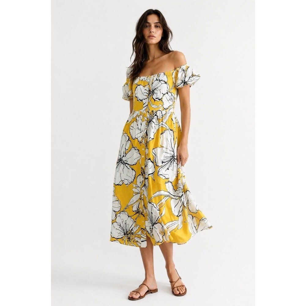 Margaux Riviera Yellow Floral Off Shoulder Midi Dress Size Small 100% Viscose